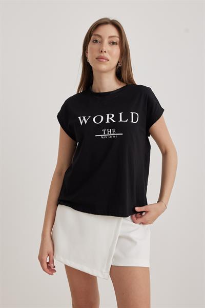 Yazı Detaylı Kısa Kol Kadın Tshirt SİYAH