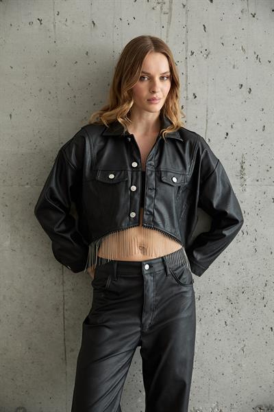 Zincir Detaylı Düğmeli Deri Ceket SİYAH