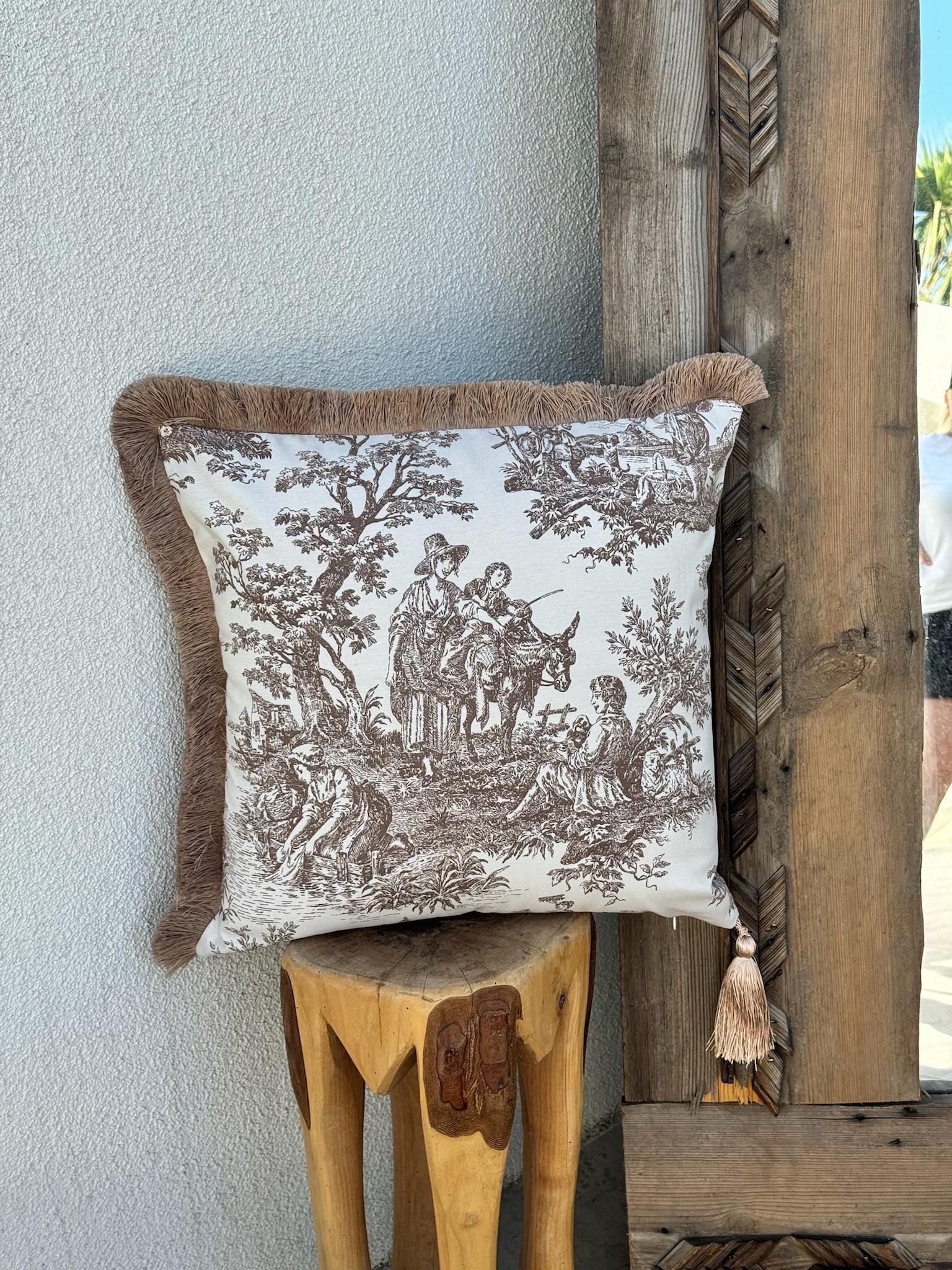 Toile De Jouy Kırlent Kılıfı Kahverengi