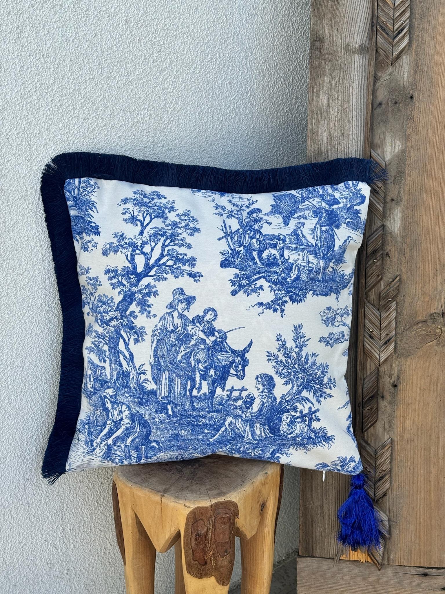 Toile De Jouy Kırlent Kılıfı Mavi 