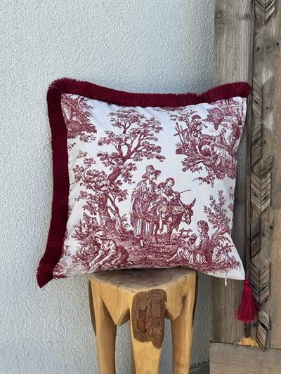 Toile De Jouy Kırlent Kılıfı Kırmızı