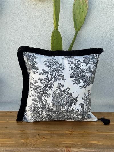 Toile De Jouy Kırlent Kılıfı Siyah 