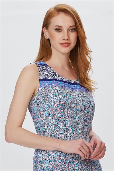Beli Bağcıklı Desenli Kolsuz Uzun Elbise 099-5001
