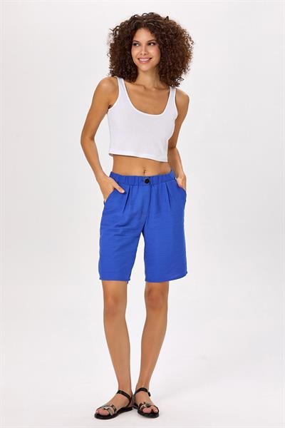 Beli Lastikli ve Düğmeli Cepli Şort 025-3511