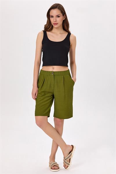Beli Lastikli ve Düğmeli Cepli Şort 025-3511