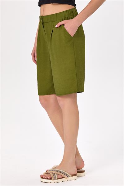 Beli Lastikli ve Düğmeli Cepli Şort 025-3511