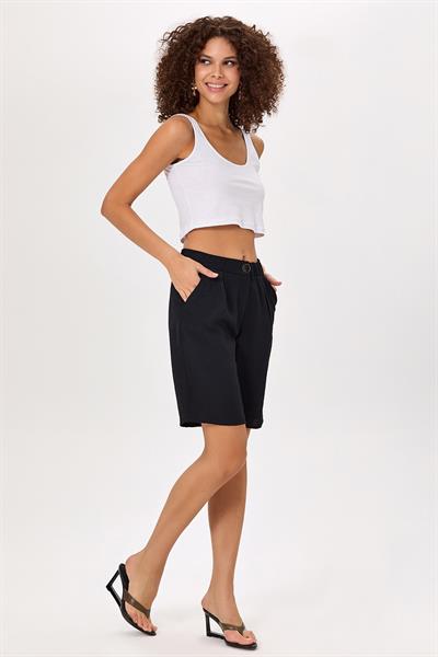 Beli Lastikli ve Düğmeli Cepli Şort 025-3511