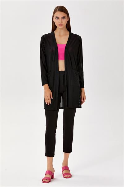 Çift Cepli Yırtmaçlı Transparan Uzun Hırka 024-4407