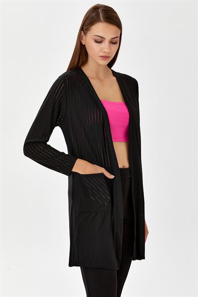 Çift Cepli Yırtmaçlı Transparan Uzun Hırka 024-4407