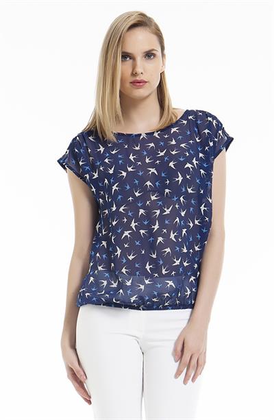 Eteği Lastikli Desenli Şifon Bluz 099-5010
