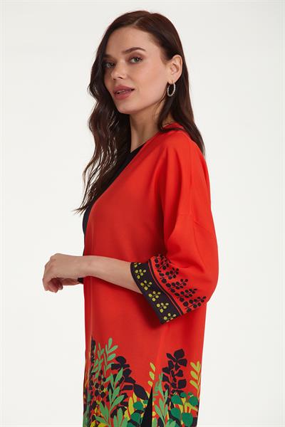 Eteği Ve Kolları Desenli Yarasa Kol Uzun Ceket 023-4416