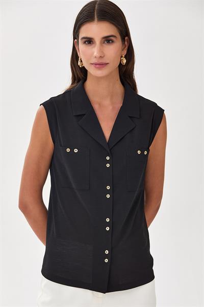 Gömlek Yaka Önü Düğmeli Cepli Bluz 025-1024