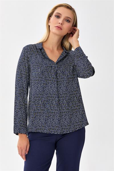 Gömlek Yaka Önü Pileli Desenli Bluz 256-3025