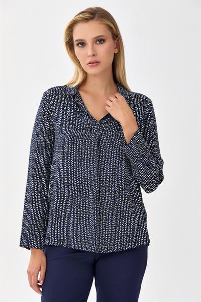 Gömlek Yaka Önü Pileli Desenli Bluz 256-3025