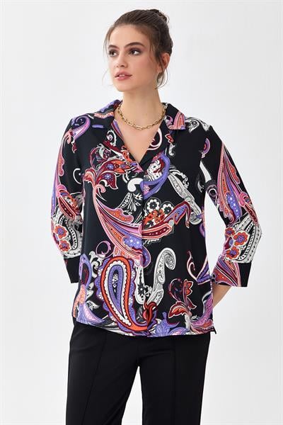 Gömlek Yaka Önü Pileli Desenli Bluz 256-3020