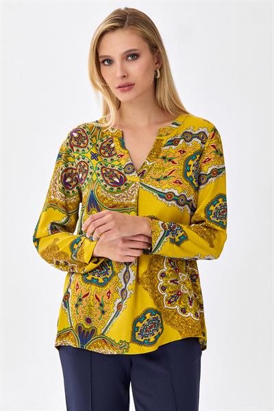V Yaka Desenli Bluz 256-3003