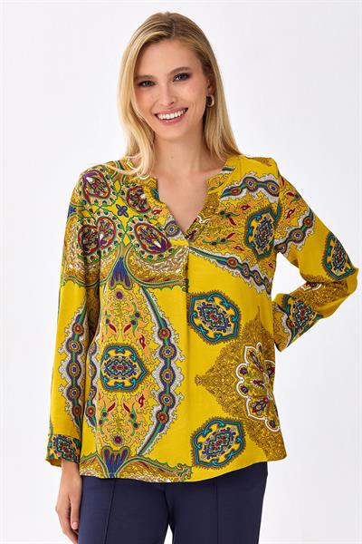 V Yaka Desenli Bluz 256-3003