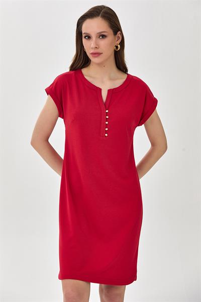 Yuvarlak Yaka Önü Düğmeli Düşük Kol Elbise 025-2515