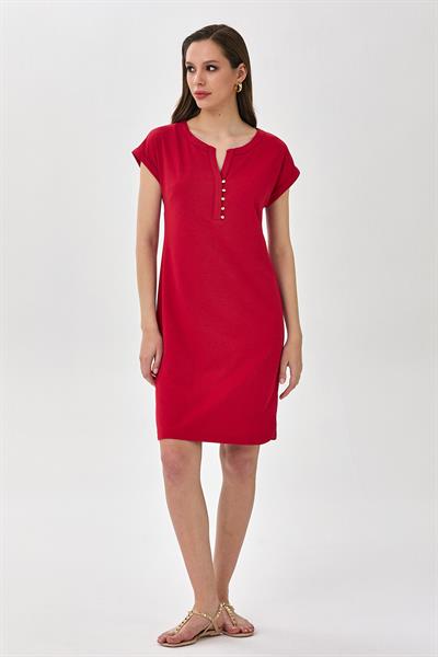 Yuvarlak Yaka Önü Düğmeli Düşük Kol Elbise 025-2515