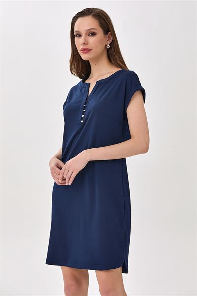 Yuvarlak Yaka Önü Düğmeli Düşük Kol Elbise 025-2515