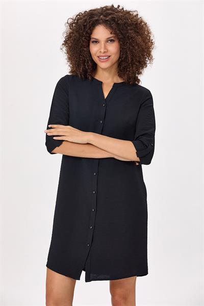 Hakim Yaka Önü Düğmeli Truvakar Kol Elbise 025-4018