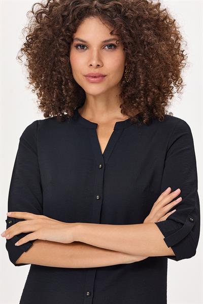 Hakim Yaka Önü Düğmeli Truvakar Kol Elbise 025-4018