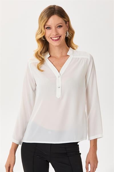 Hakim Yaka Önü Düğmeli Uzun Kol Bluz 245-3015