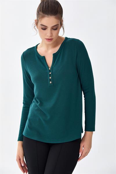Hakim Yaka Önü Düğmeli Uzun Kol Bluz 256-1013