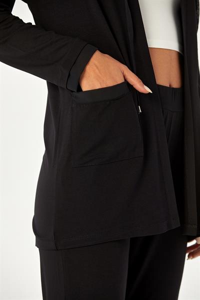 Kapişonlu Cepli Şifon Garnili Uzun Hırka 024-2113