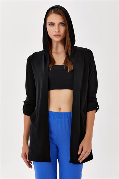 Kolları Çıtçıtlı Cepli Kapüşonlu Hırka 024-4408