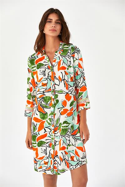 Kolları Şeritli Önü Düğmeli Desenli Gömlek Elbise 024-4032