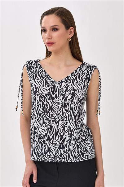 Omuzları Büzgülü Bağcıklı Kolsuz Bluz 025-1016