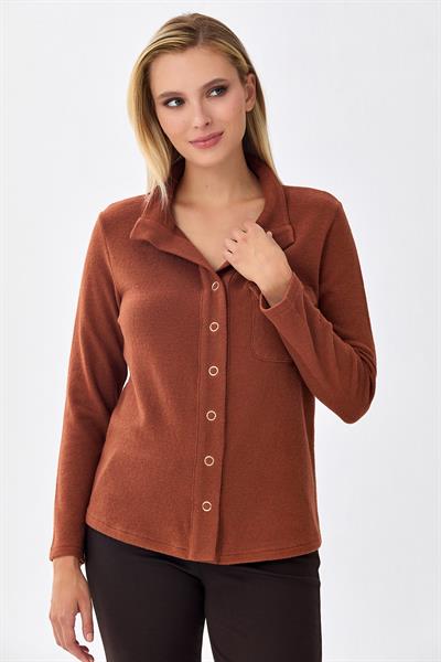 Önü Çıtçıtlı Cep Detaylı Uzun Kol Triko Bluz 256-1706