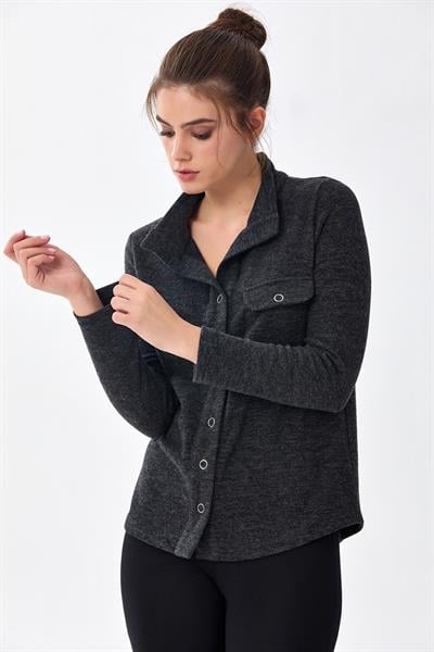 Önü Çıtçıtlı Cep Detaylı Uzun Kol Triko Bluz 256-1706