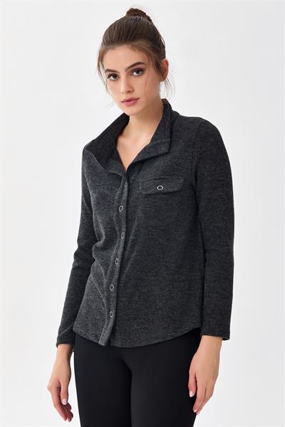 Önü Çıtçıtlı Cep Detaylı Uzun Kol Triko Bluz 256-1706