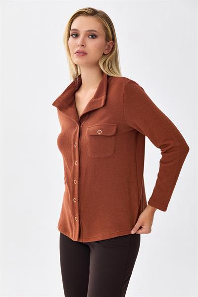 Önü Çıtçıtlı Cep Detaylı Uzun Kol Triko Bluz 256-1706