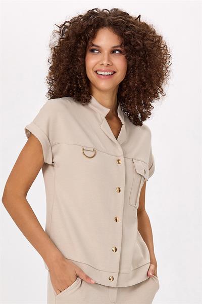 Önü Çıtçıtlı Cepli Düşük Kol S-Shirt 025-2104