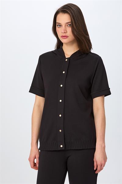 Önü Çıtçıtlı Kapüşonlu Eteği Zikzak Dikiş Detaylı S-Shirt 026-2102