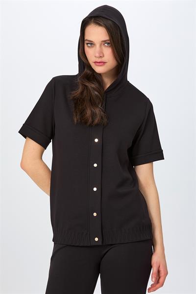 Önü Çıtçıtlı Kapüşonlu Eteği Zikzak Dikiş Detaylı S-Shirt 026-2102