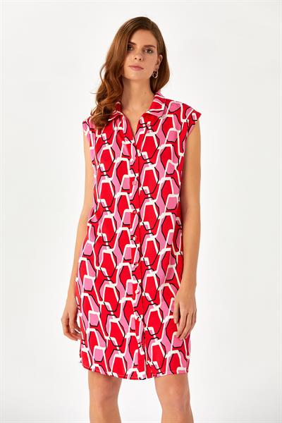 Önü Düğmeli Desenli Gömlek Elbise 024-4008