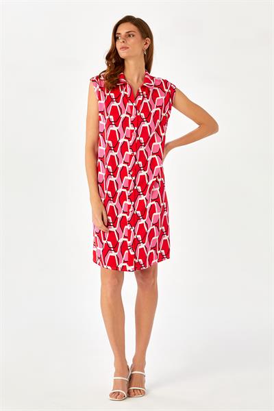 Önü Düğmeli Desenli Gömlek Elbise 024-4008