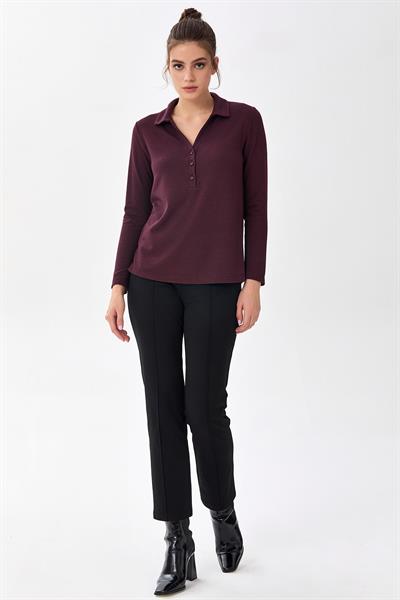 Önü Düğmeli Gömlek Yaka Uzun Kol Bluz 256-1010