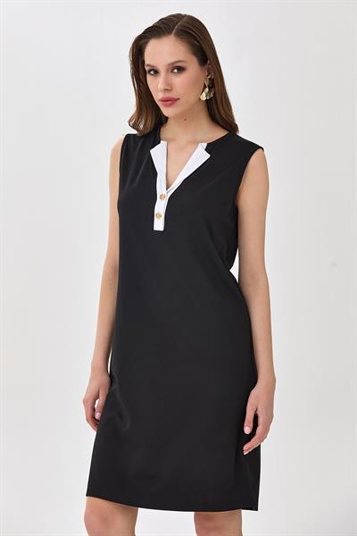 Önü Düğmeli Katlanır Yaka Kolsuz Elbise 025-2518