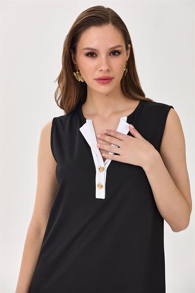 Önü Düğmeli Katlanır Yaka Kolsuz Elbise 025-2518