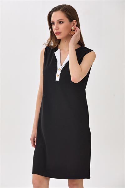Önü Düğmeli Katlanır Yaka Kolsuz Elbise 025-2518