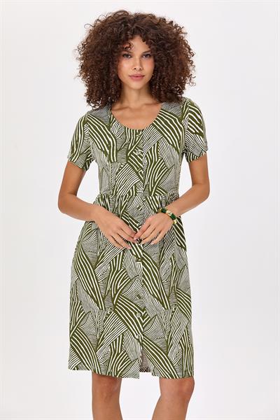 Önü Düğmeli Kısa Kol Desenli Elbise 025-4012