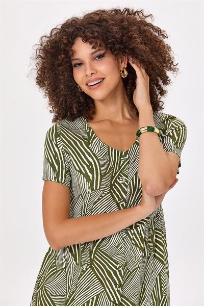 Önü Düğmeli Kısa Kol Desenli Elbise 025-4012