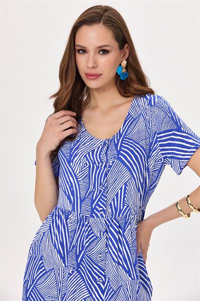 Önü Düğmeli Kısa Kol Desenli Elbise 025-4012