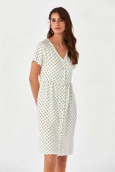 Önü Düğmeli Kısa Kol Puan Elbise 024-4043
