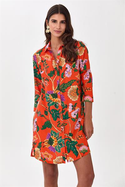 Önü Düğmeli ¾ Kol Desenli Gömlek Elbise 025-4045